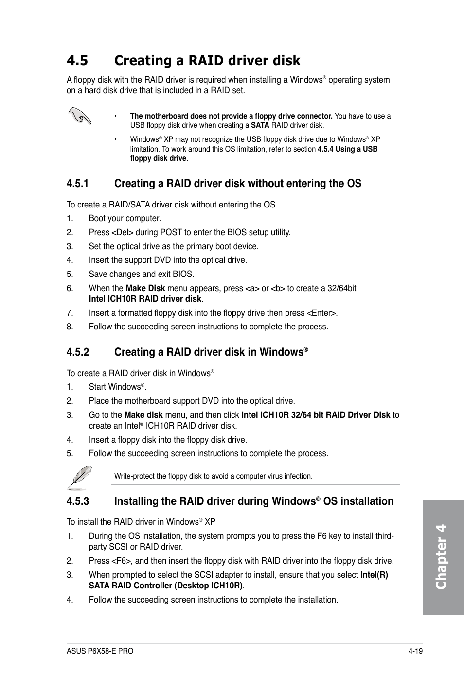 Chapter 4 4.5 creating a raid driver disk, 2 creating a raid driver disk in windows, 3 installing the raid driver during windows | Os installation | Asus P6X58-E PRO User Manual | Page 119 / 130
