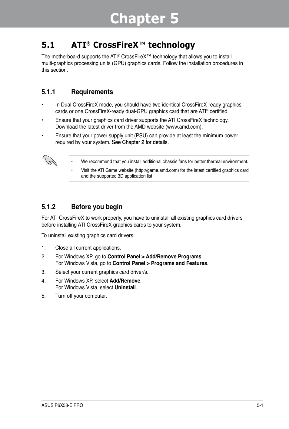 Chapter 5, 1 ati, Crossfirex™ technology | 1 requirements, 2 before you begin | Asus P6X58-E PRO User Manual | Page 123 / 130