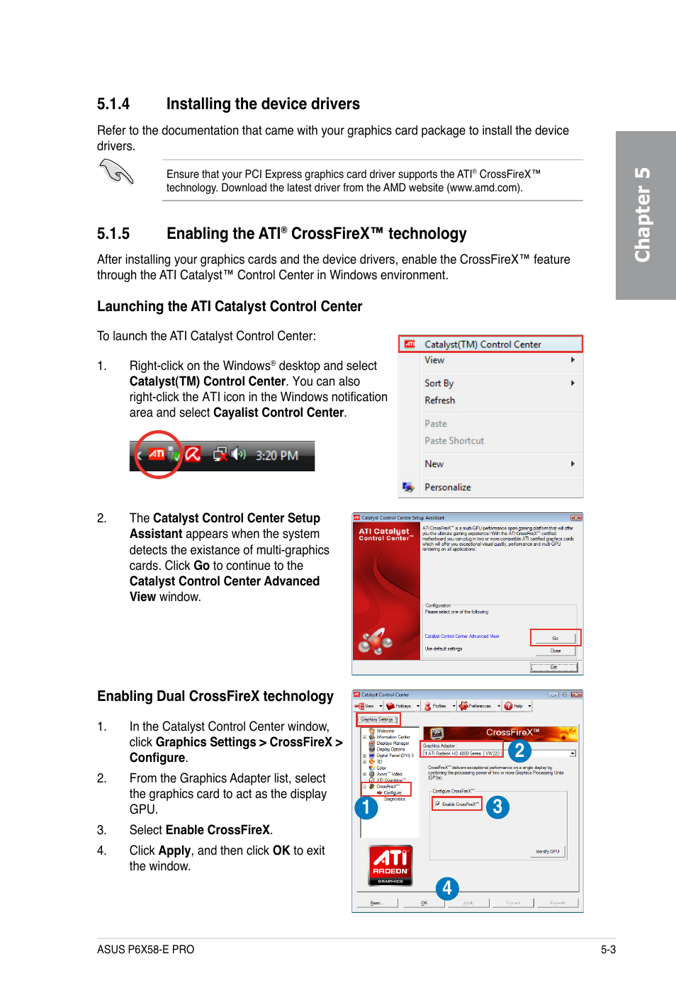 Chapter 5, 4 installing the device drivers, 5 enabling the ati | Crossfirex™ technology | Asus P6X58-E PRO User Manual | Page 125 / 130