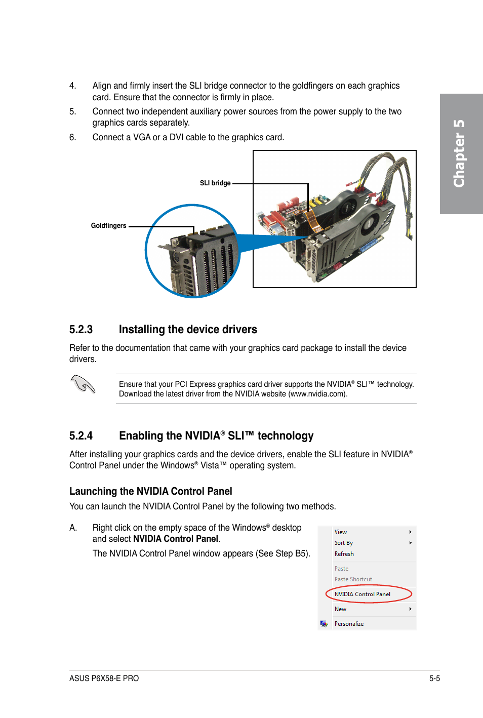 Chapter 5, 3 installing the device drivers, 4 enabling the nvidia | Sli™ technology | Asus P6X58-E PRO User Manual | Page 127 / 130