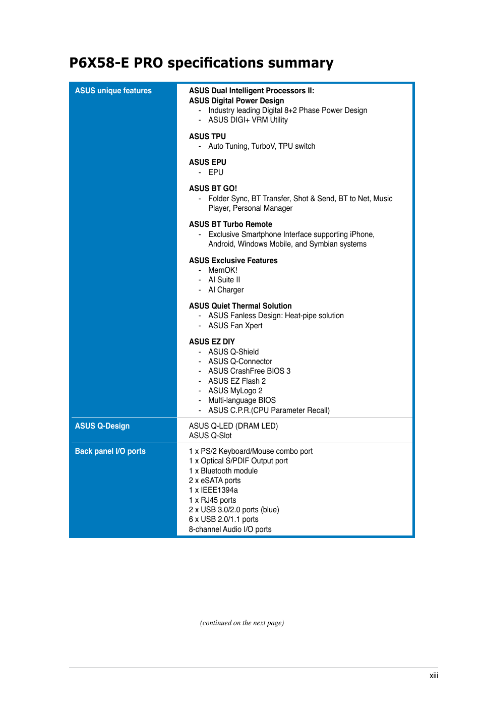 P6x58-e pro specifications summary | Asus P6X58-E PRO User Manual | Page 13 / 130