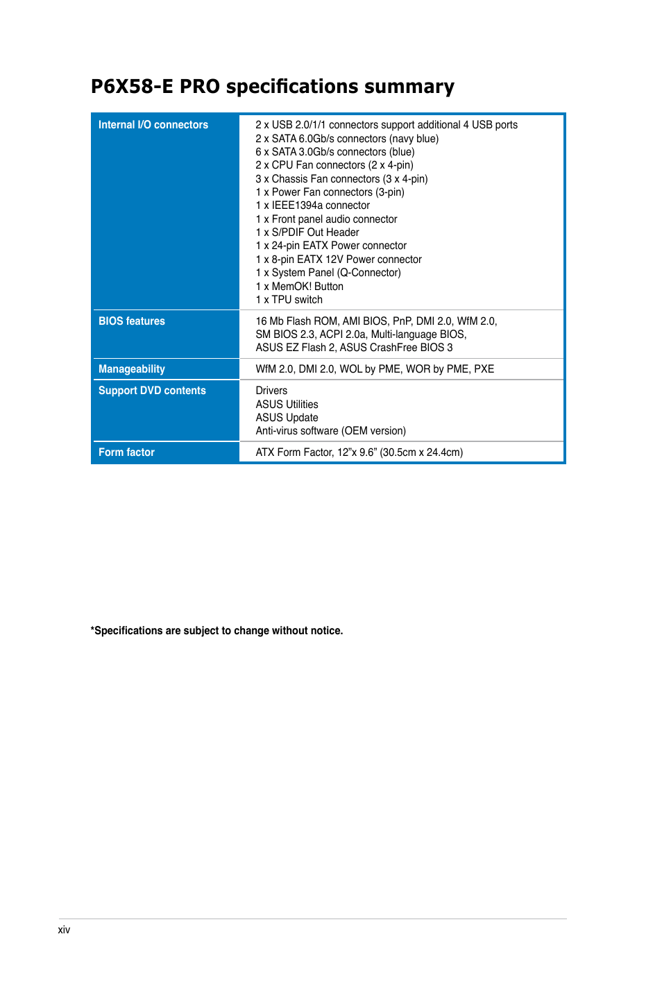 P6x58-e pro specifications summary | Asus P6X58-E PRO User Manual | Page 14 / 130