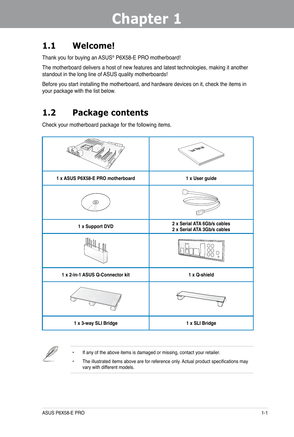 Chapter 1, Chapter 1 1.1 welcome, 2 package contents | Asus P6X58-E PRO User Manual | Page 15 / 130