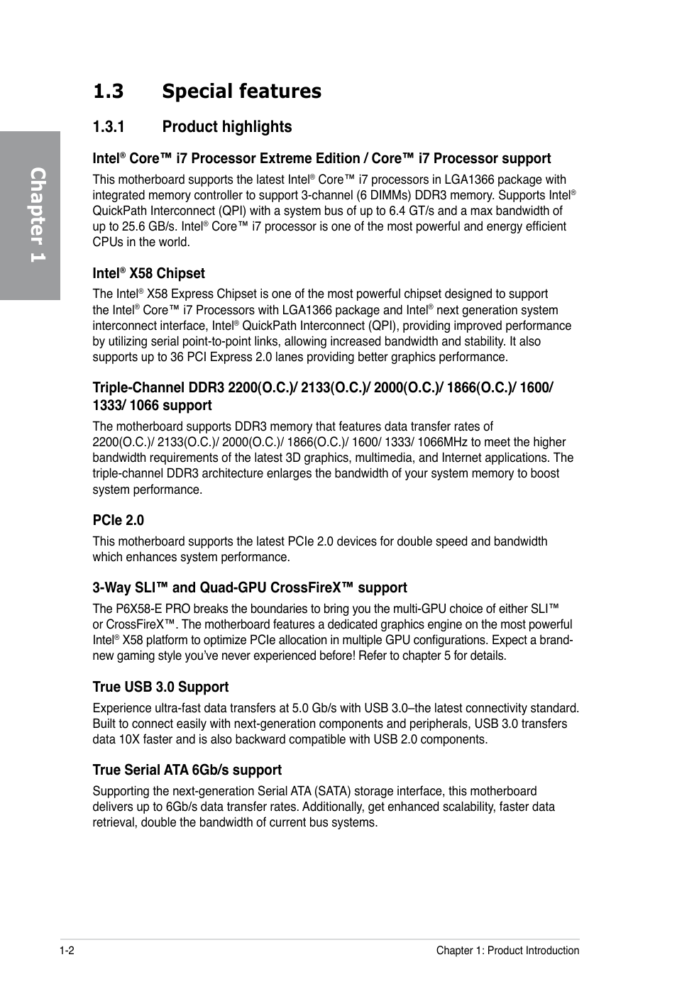 Chapter 1 1.3 special features, 1 product highlights | Asus P6X58-E PRO User Manual | Page 16 / 130