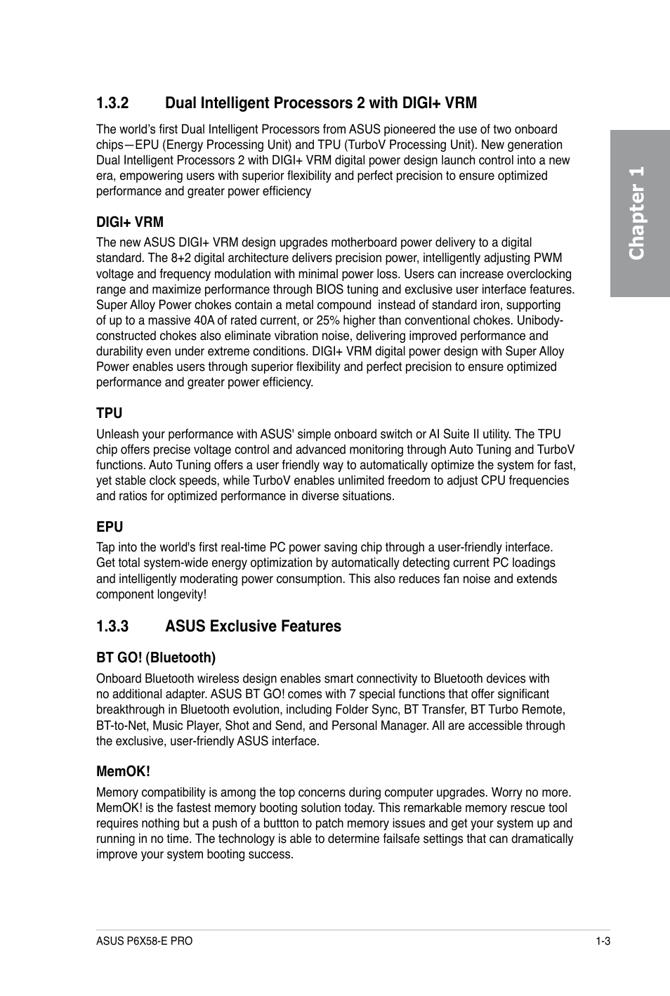 Chapter 1, 2 dual intelligent processors 2 with digi+ vrm, 3 asus exclusive features | Asus P6X58-E PRO User Manual | Page 17 / 130