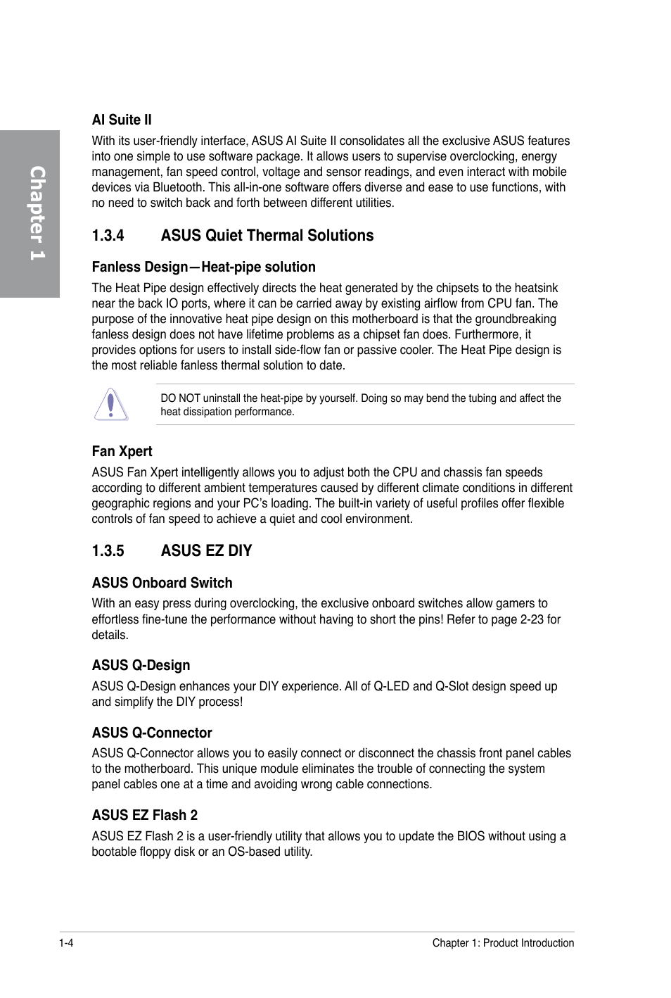 Chapter 1, 4 asus quiet thermal solutions, 5 asus ez diy | Asus P6X58-E PRO User Manual | Page 18 / 130