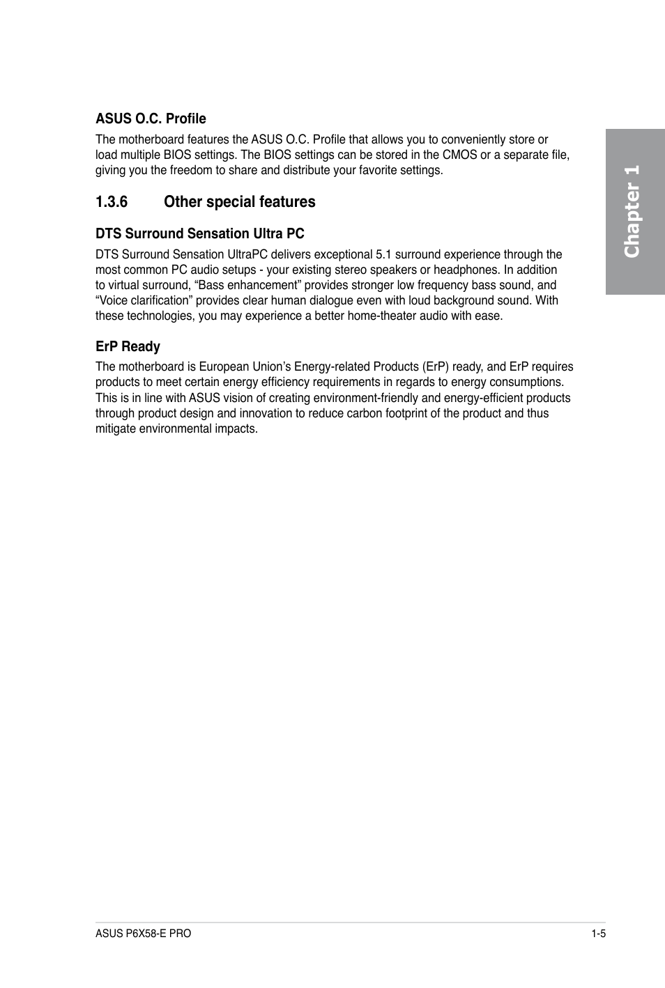 Chapter 1, 6 other special features | Asus P6X58-E PRO User Manual | Page 19 / 130