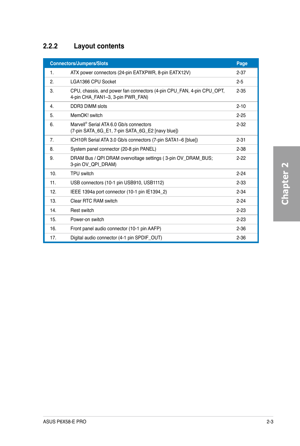 Chapter 2, 2 layout contents | Asus P6X58-E PRO User Manual | Page 23 / 130