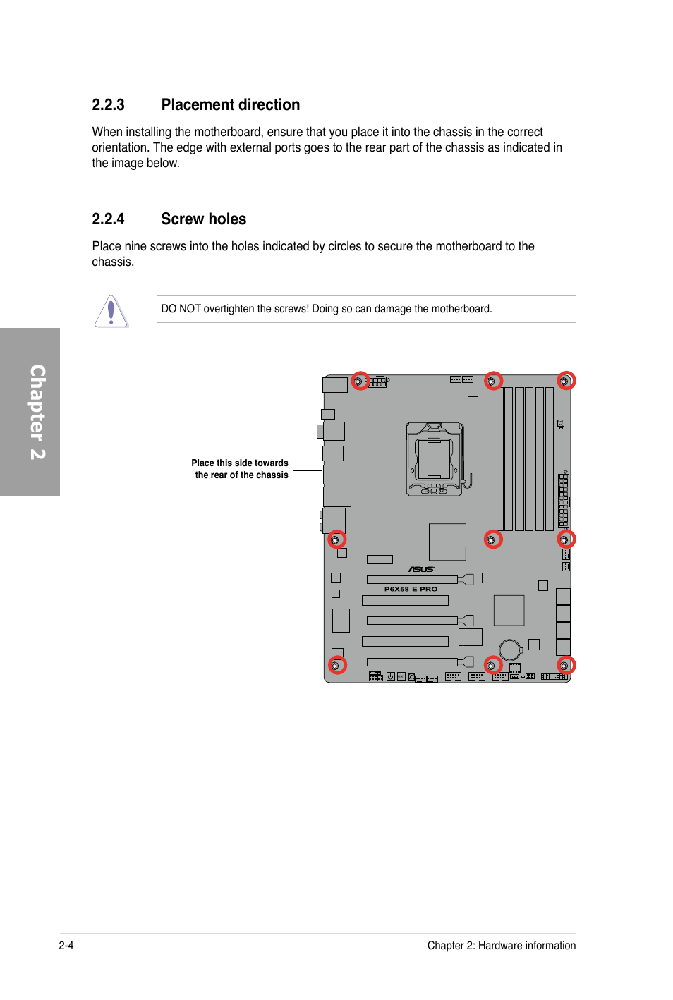 Chapter 2, 3 placement direction, 4 screw holes | Asus P6X58-E PRO User Manual | Page 24 / 130