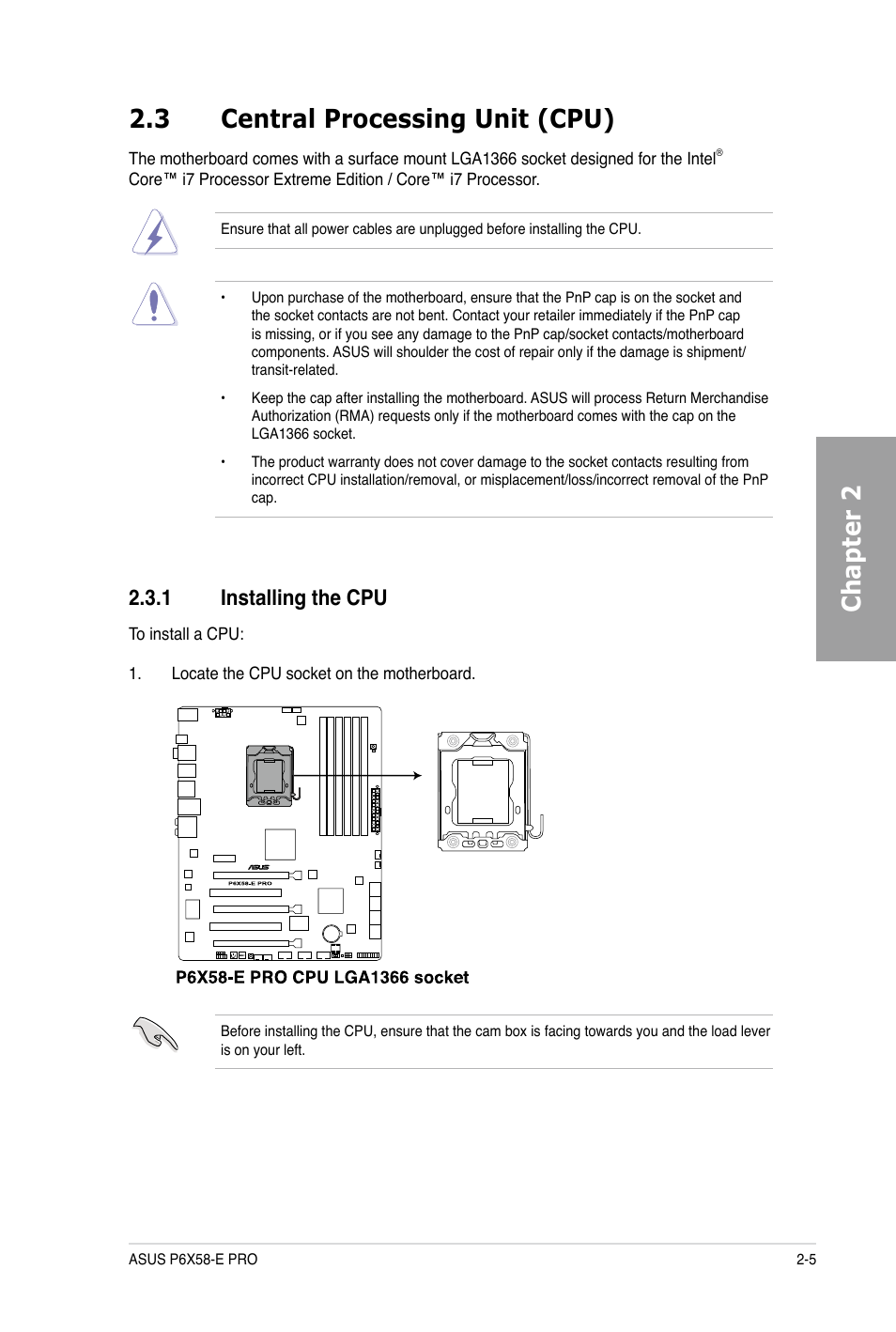 Chapter 2 2.3 central processing unit (cpu), 1 installing the cpu | Asus P6X58-E PRO User Manual | Page 25 / 130