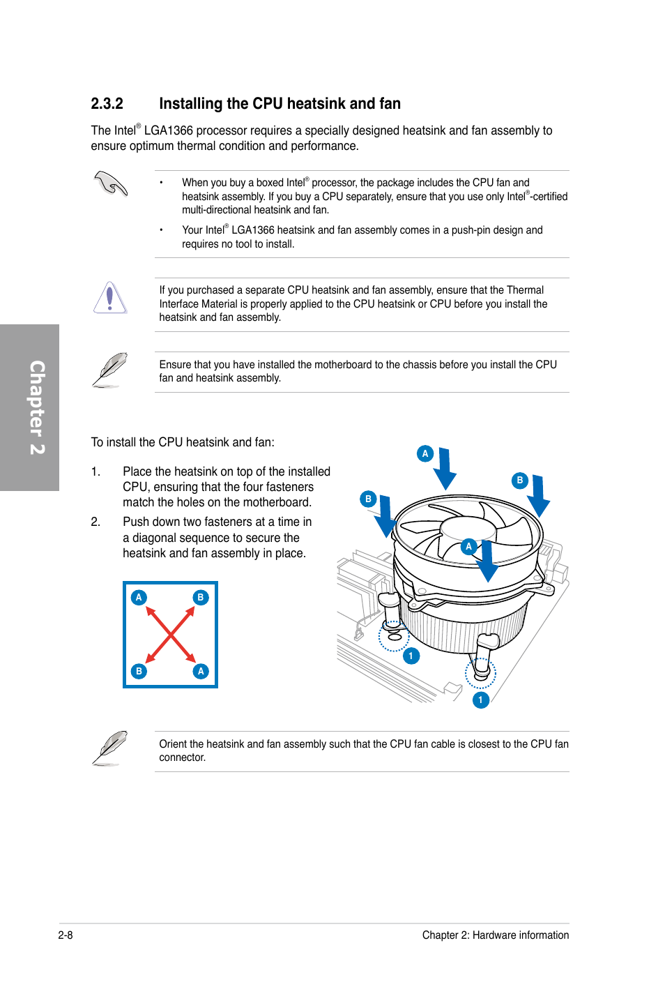Chapter 2, 2 installing the cpu heatsink and fan | Asus P6X58-E PRO User Manual | Page 28 / 130