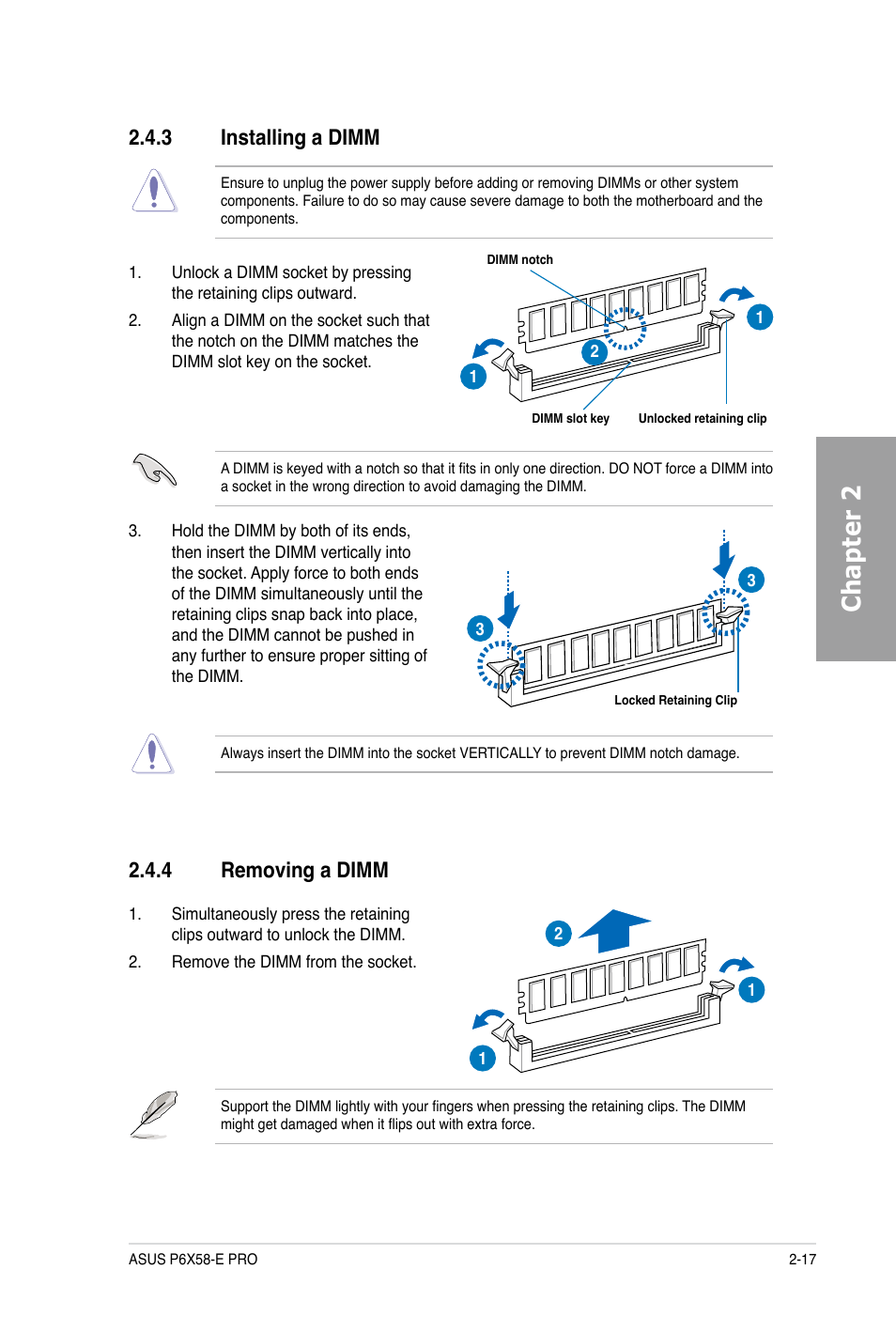 Chapter 2, 4 removing a dimm, 3 installing a dimm | Asus P6X58-E PRO User Manual | Page 37 / 130