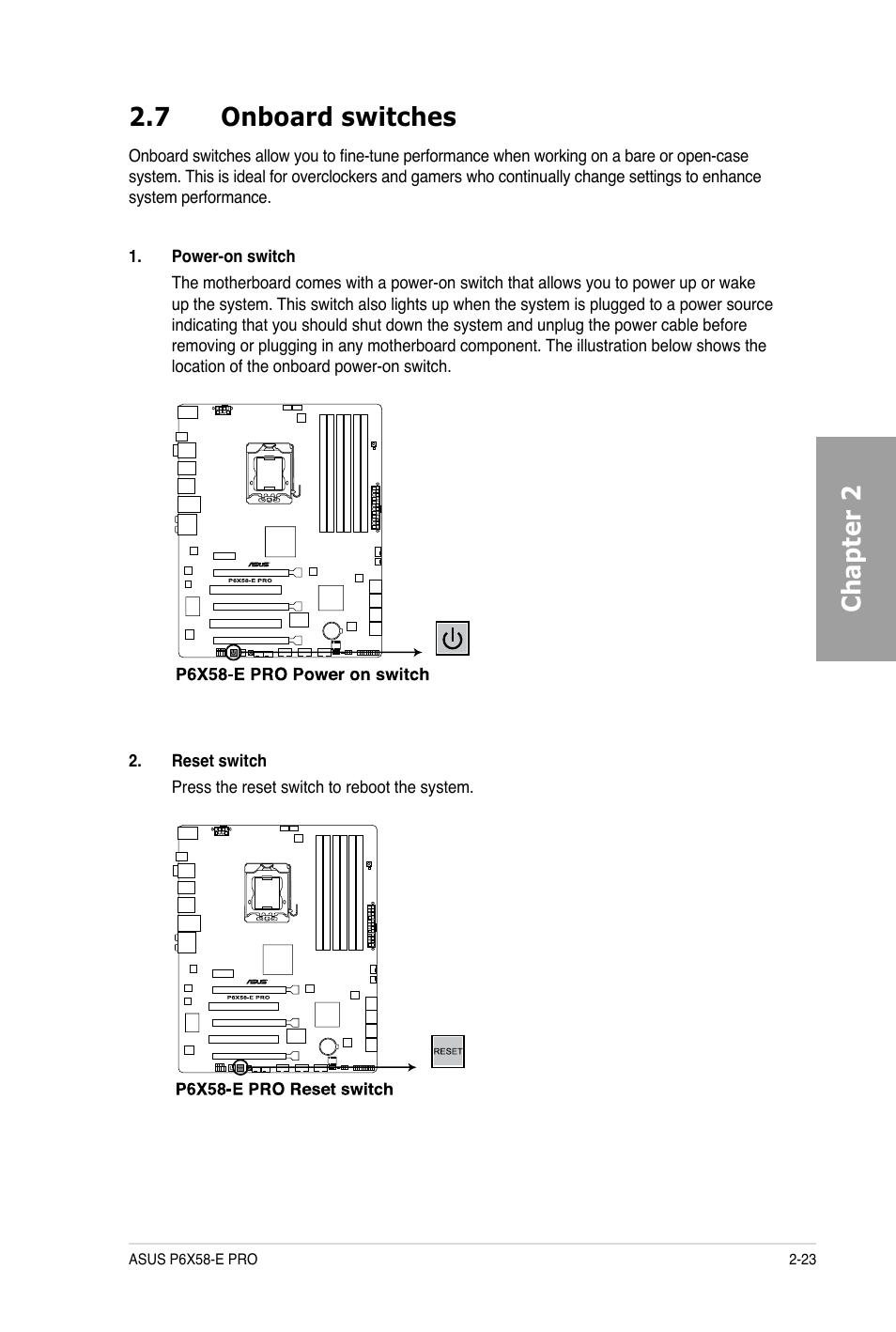 Chapter 2 2.7 onboard switches | Asus P6X58-E PRO User Manual | Page 43 / 130