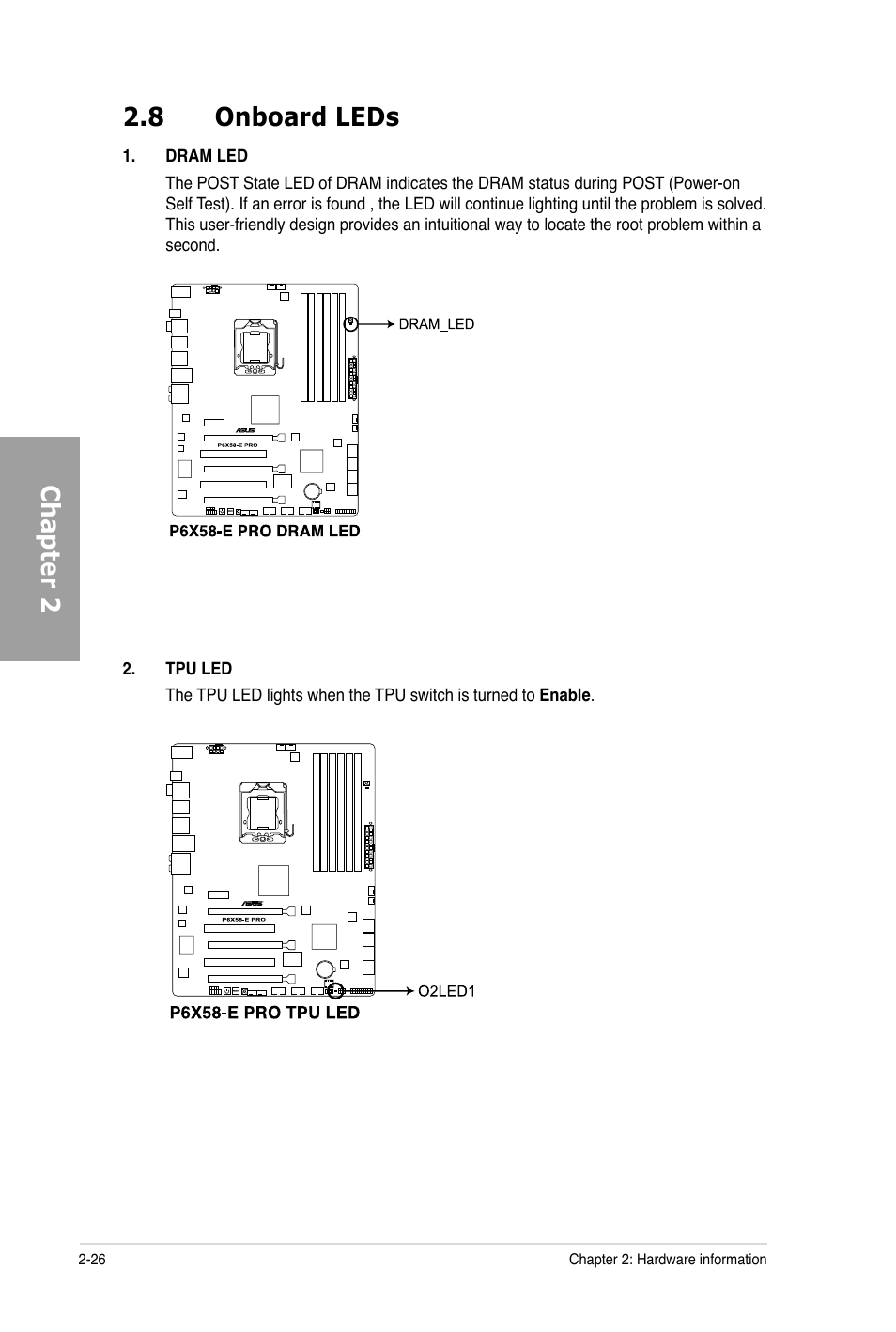 Chapter 2, 8 onboard leds | Asus P6X58-E PRO User Manual | Page 46 / 130