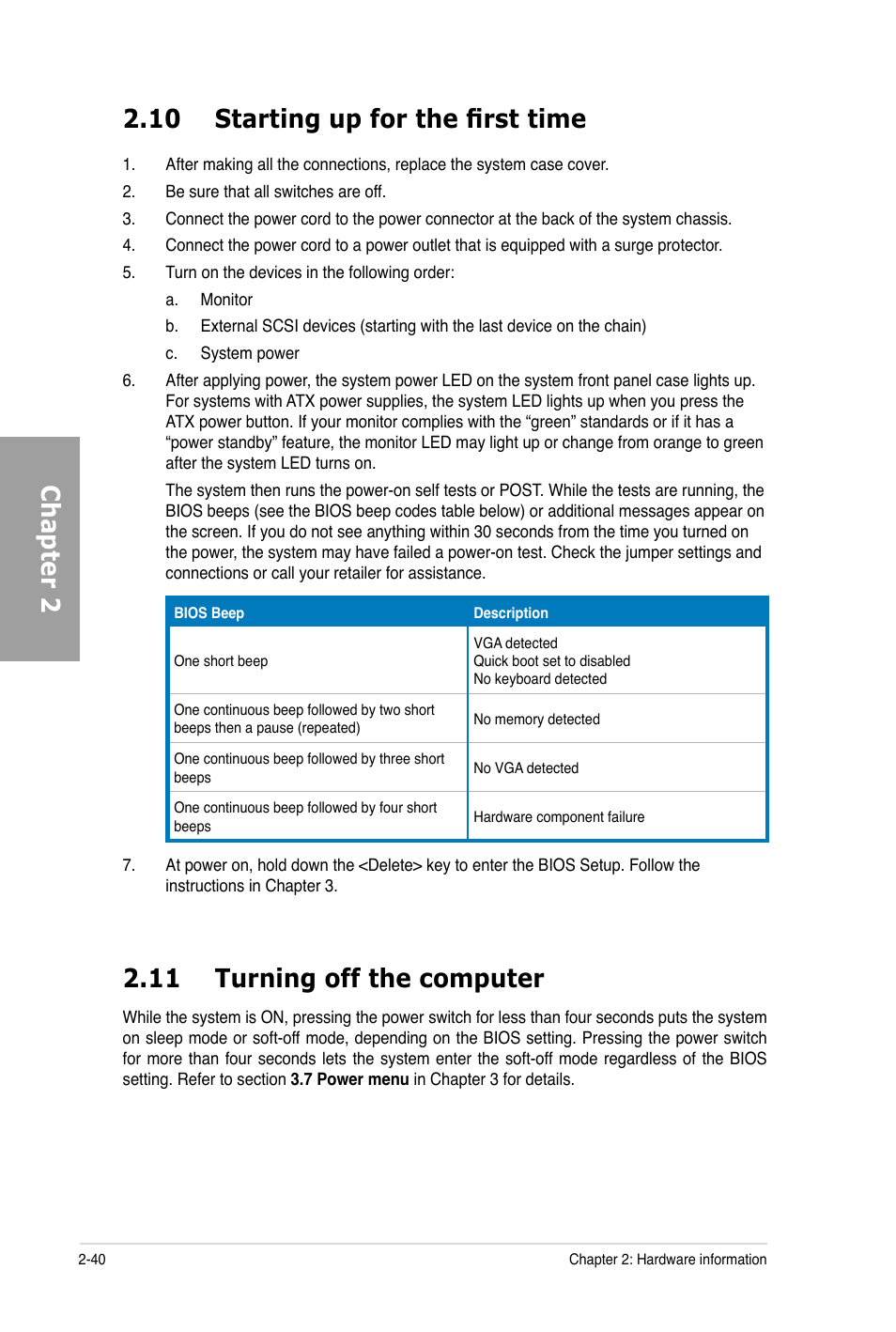 Chapter 2 2.10 starting up for the first time, 11 turning off the computer | Asus P6X58-E PRO User Manual | Page 60 / 130