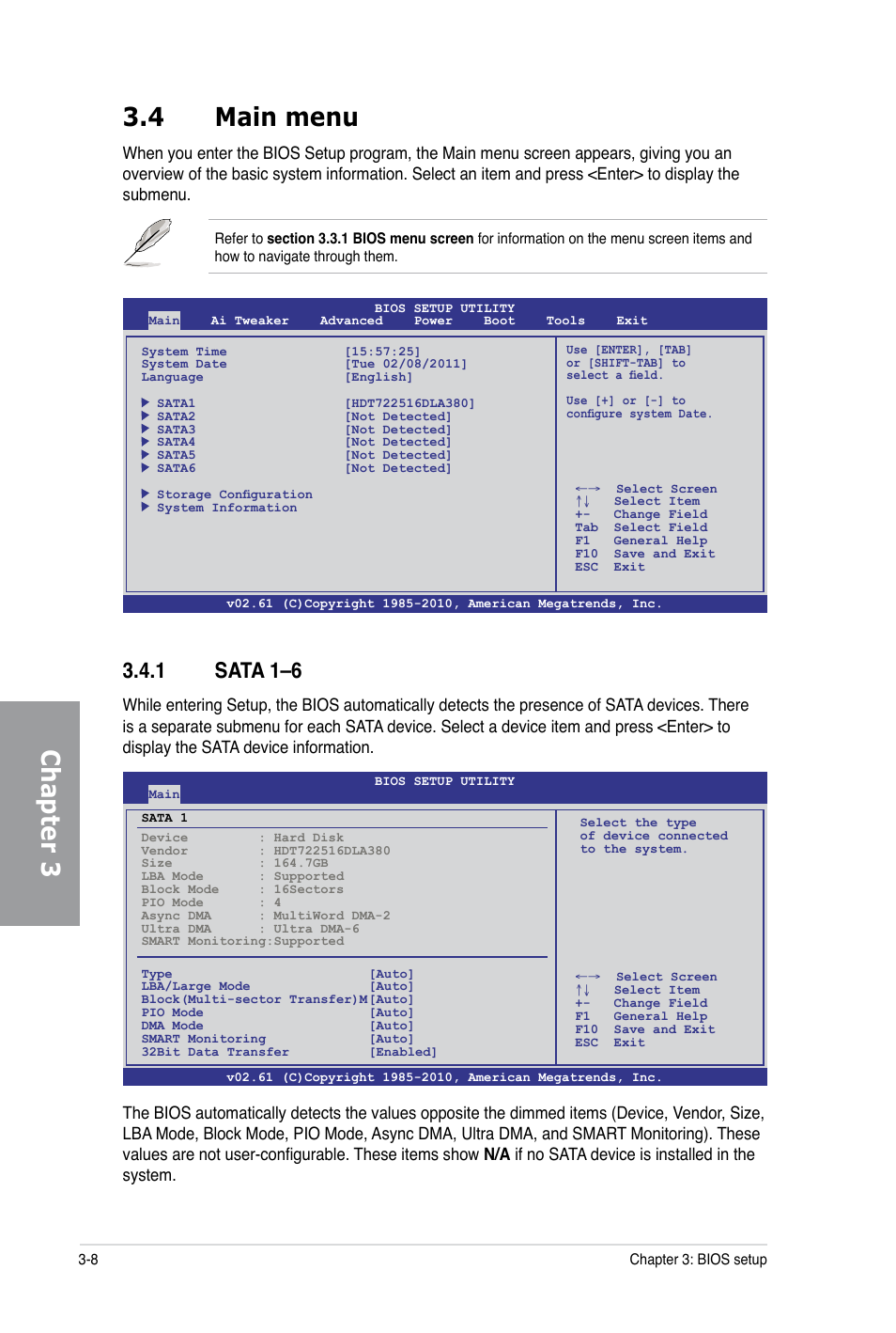 Chapter 3 3.4 main menu, 1 sata 1–6 | Asus P6X58-E PRO User Manual | Page 68 / 130