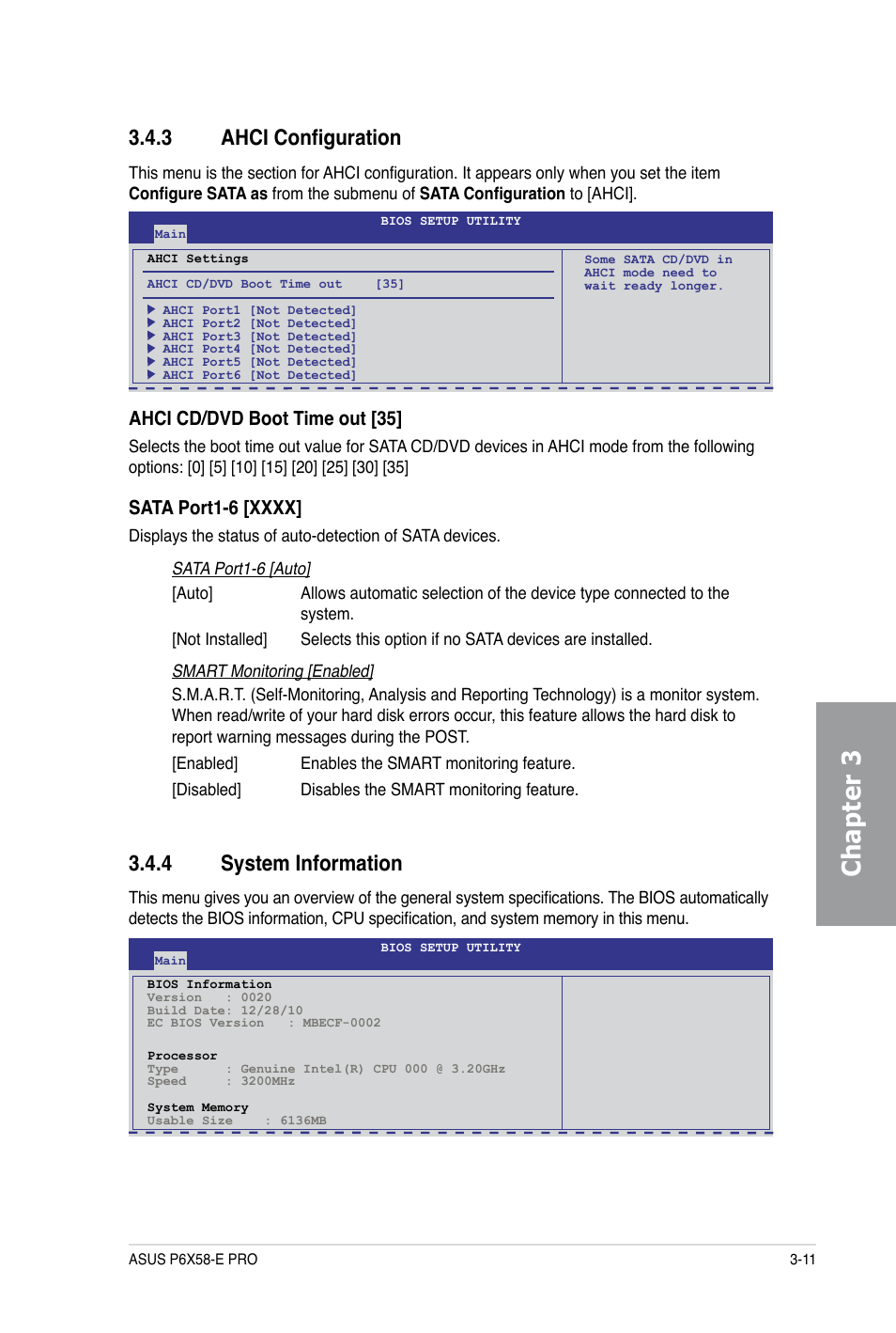 Chapter 3, 3 ahci configuration, 4 system information | Ahci cd/dvd boot time out [35 | Asus P6X58-E PRO User Manual | Page 71 / 130