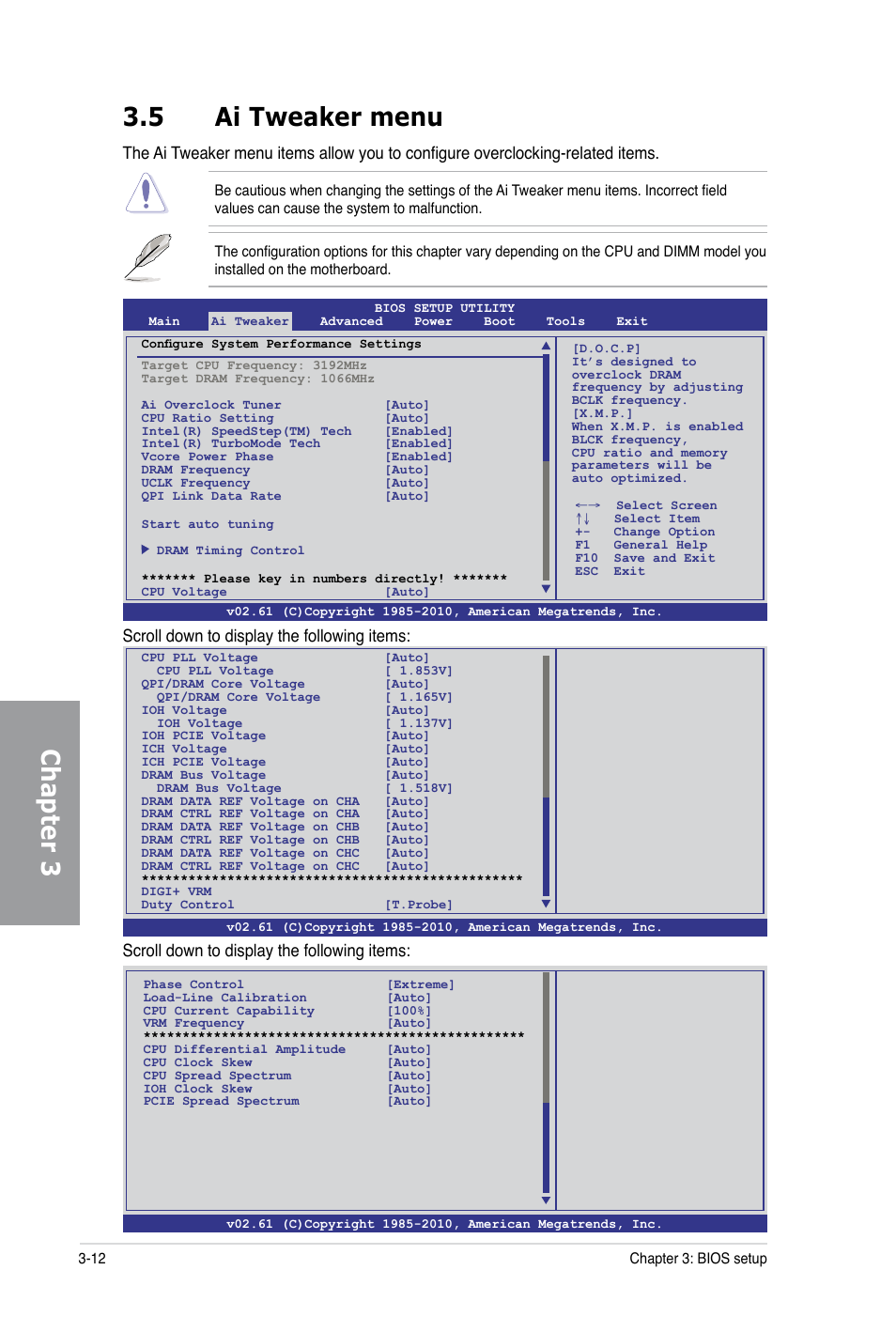 Chapter 3 3.5 ai tweaker menu, Scroll down to display the following items | Asus P6X58-E PRO User Manual | Page 72 / 130