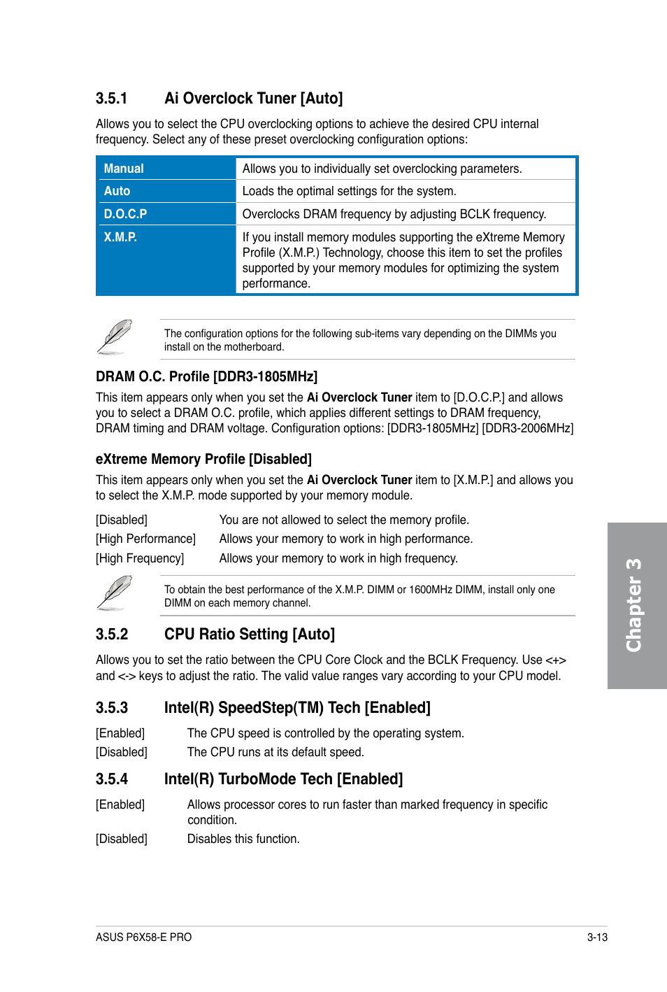 Chapter 3, 1 ai overclock tuner [auto, 2 cpu ratio setting [auto | 3 intel(r) speedstep(tm) tech [enabled, 4 intel(r) turbomode tech [enabled | Asus P6X58-E PRO User Manual | Page 73 / 130