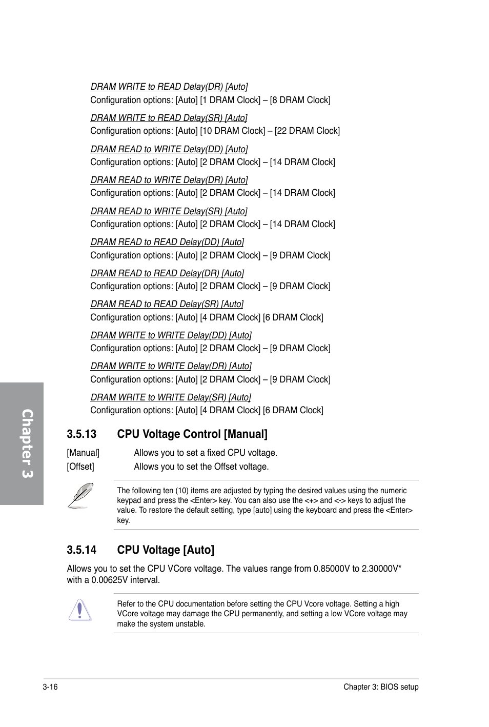 Chapter 3, 13 cpu voltage control [manual, 14 cpu voltage [auto | Asus P6X58-E PRO User Manual | Page 76 / 130