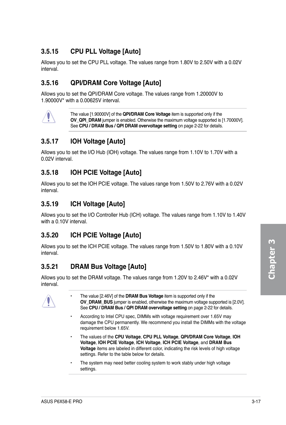 Chapter 3, 15 cpu pll voltage [auto, 16 qpi/dram core voltage [auto | 17 ioh voltage [auto, 18 ioh pcie voltage [auto, 19 ich voltage [auto, 20 ich pcie voltage [auto, 21 dram bus voltage [auto | Asus P6X58-E PRO User Manual | Page 77 / 130