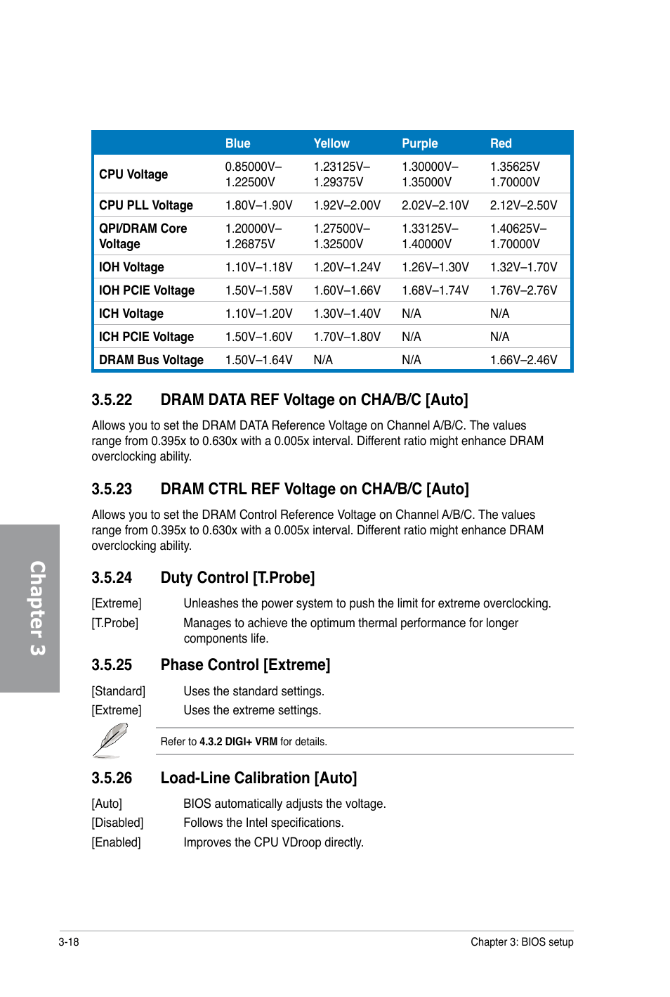 Chapter 3, 22 dram data ref voltage on cha/b/c [auto, 23 dram ctrl ref voltage on cha/b/c [auto | 24 duty control [t.probe, 25 phase control [extreme, 26 load-line calibration [auto | Asus P6X58-E PRO User Manual | Page 78 / 130