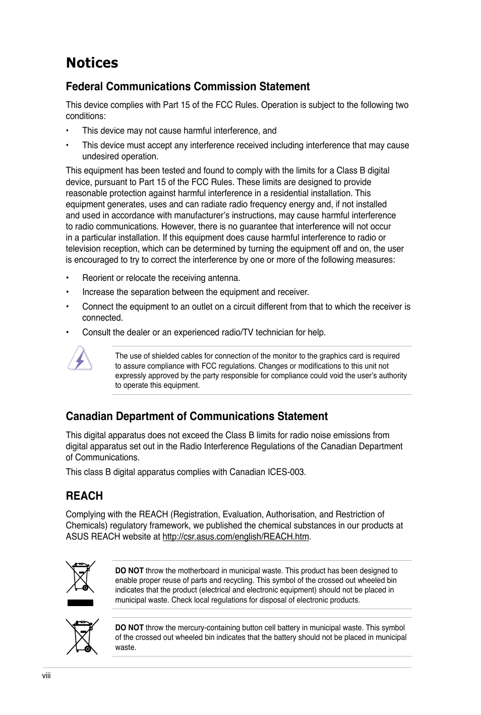Notices, Federal communications commission statement, Canadian department of communications statement | Reach | Asus P6X58-E PRO User Manual | Page 8 / 130
