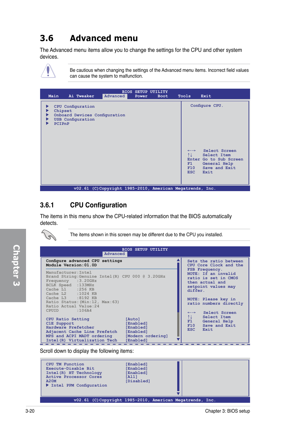 Chapter 3, 6 advanced menu, 1 cpu configuration | Scroll down to display the following items | Asus P6X58-E PRO User Manual | Page 80 / 130