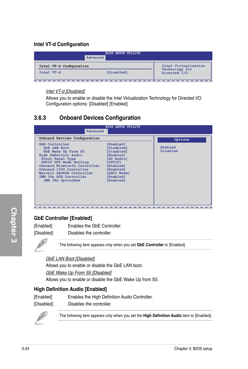 Chapter 3, 3 onboard devices configuration, Intel vt-d configuration | Gbe controller [enabled, High definition audio [enabled | Asus P6X58-E PRO User Manual | Page 84 / 130