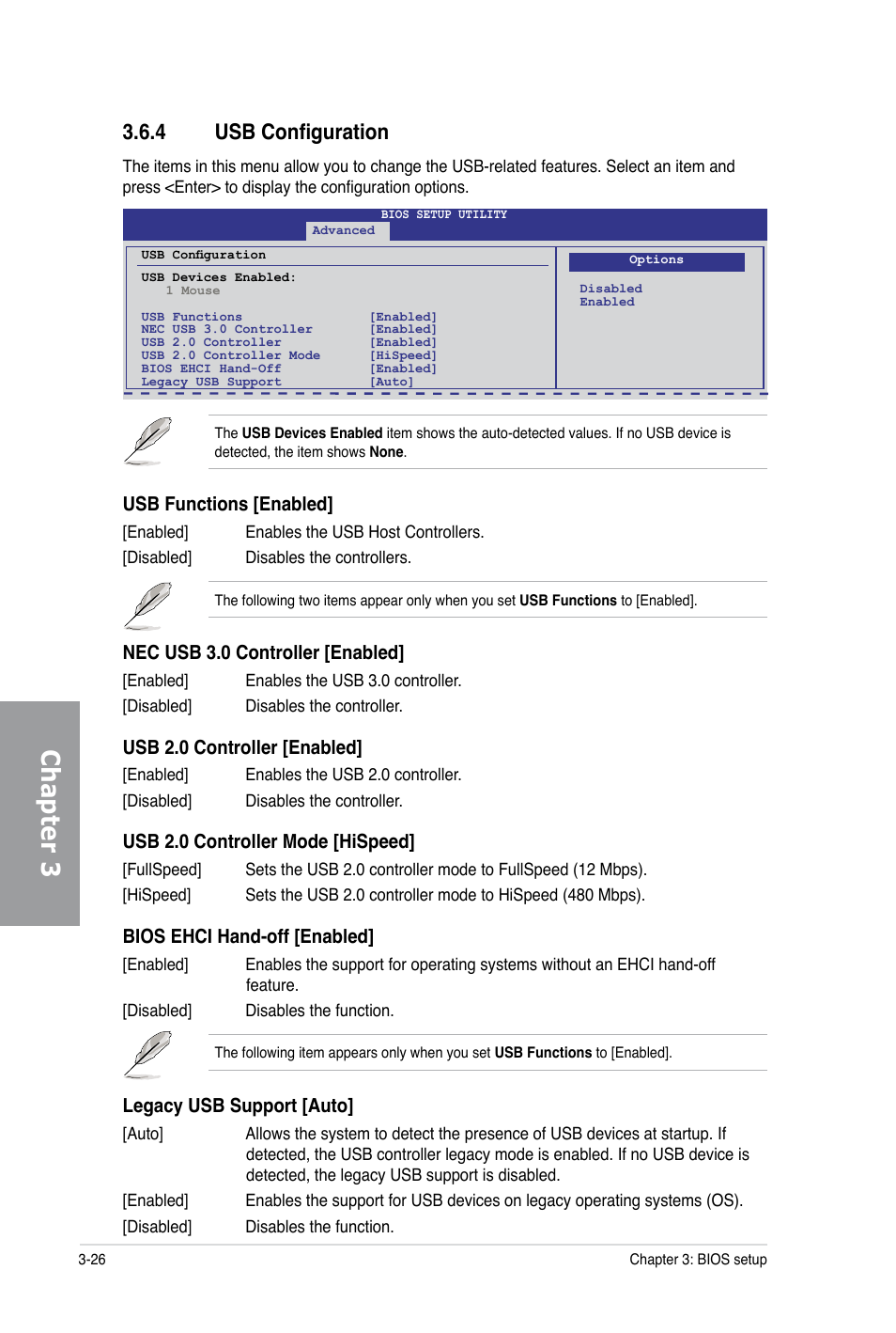 Chapter 3, 4 usb configuration, Usb functions [enabled | Nec usb 3.0 controller [enabled, Usb 2.0 controller [enabled, Usb 2.0 controller mode [hispeed, Bios ehci hand-off [enabled, Legacy usb support [auto | Asus P6X58-E PRO User Manual | Page 86 / 130