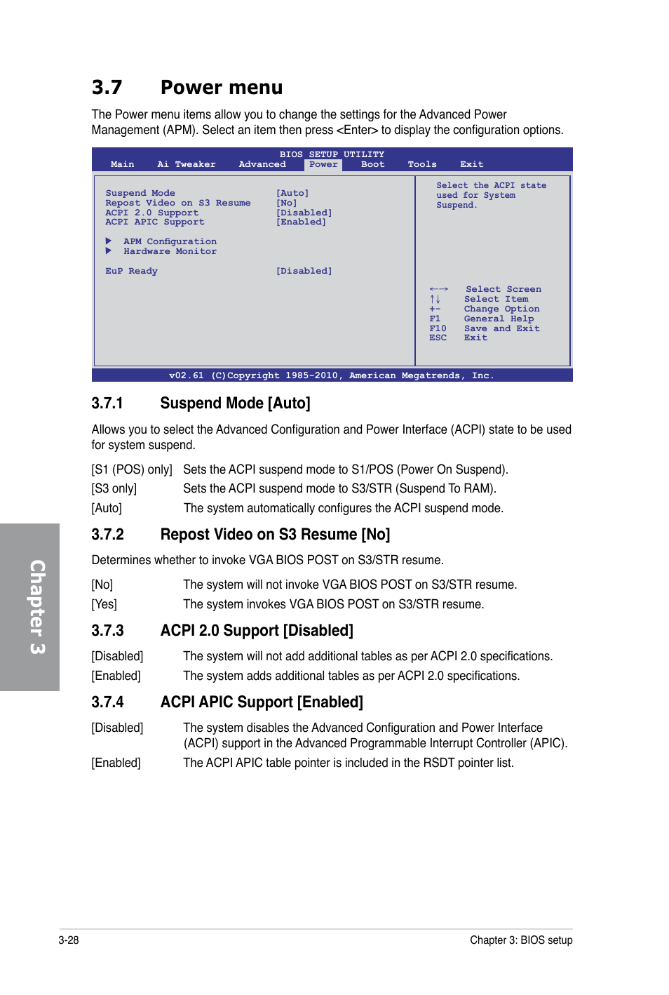 Chapter 3 3.7 power menu, 1 suspend mode [auto, 2 repost video on s3 resume [no | 3 acpi 2.0 support [disabled, 4 acpi apic support [enabled | Asus P6X58-E PRO User Manual | Page 88 / 130