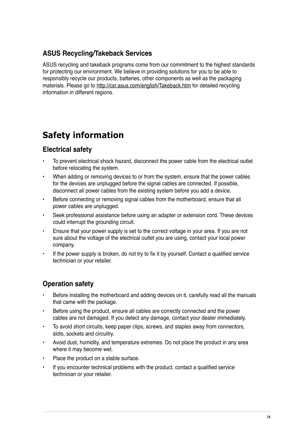 Safety information, Electrical safety, Operation safety | Asus recycling/takeback services | Asus P6X58-E PRO User Manual | Page 9 / 130