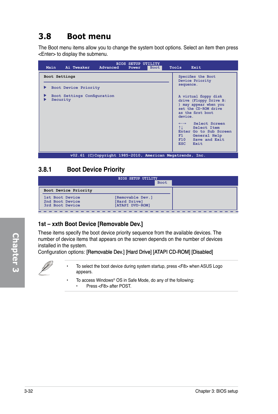 Chapter 3 3.8 boot menu, 1 boot device priority, 1st – xxth boot device [removable dev | Asus P6X58-E PRO User Manual | Page 92 / 130