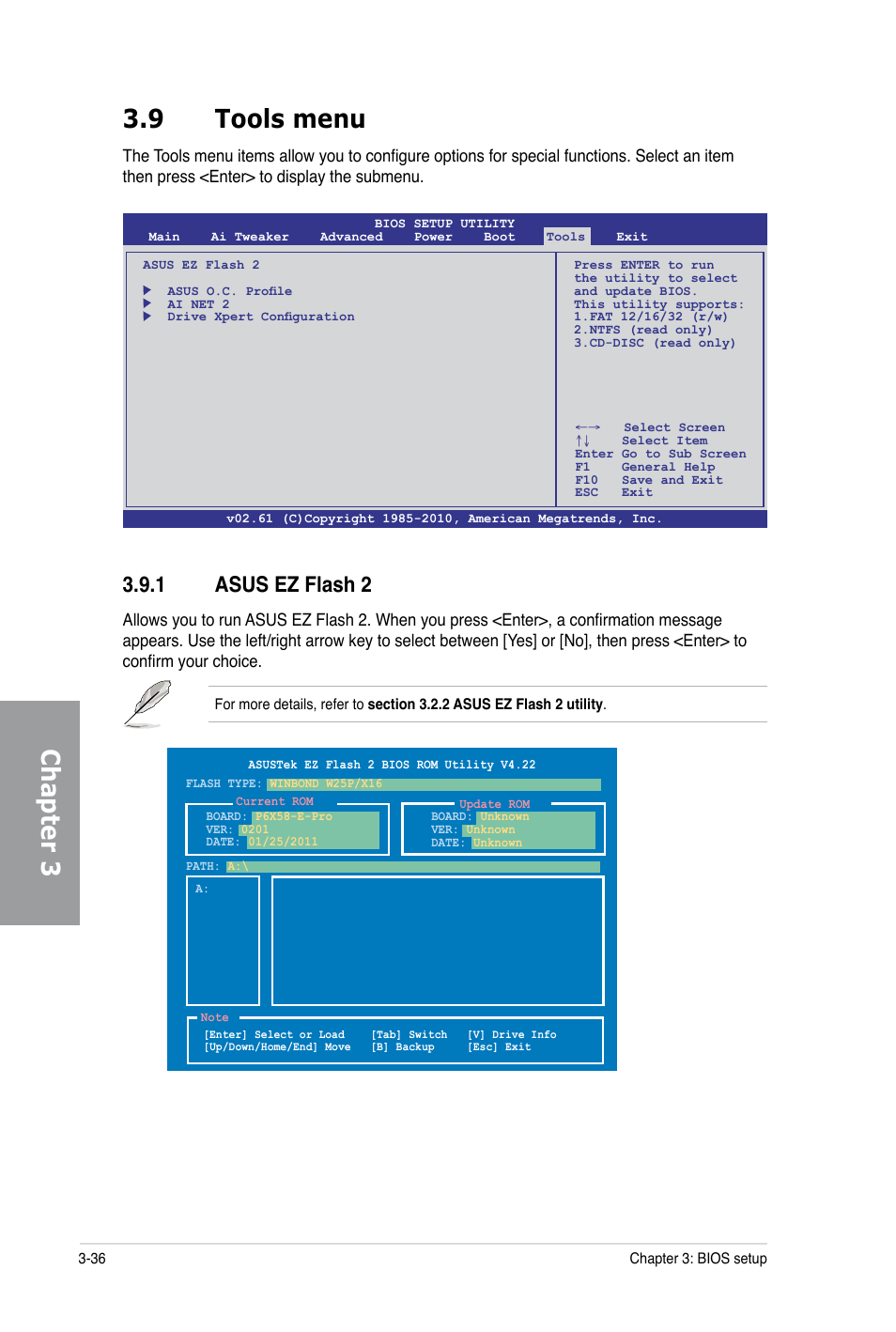 Chapter 3 3.9 tools menu, 1 asus ez flash 2 | Asus P6X58-E PRO User Manual | Page 96 / 130