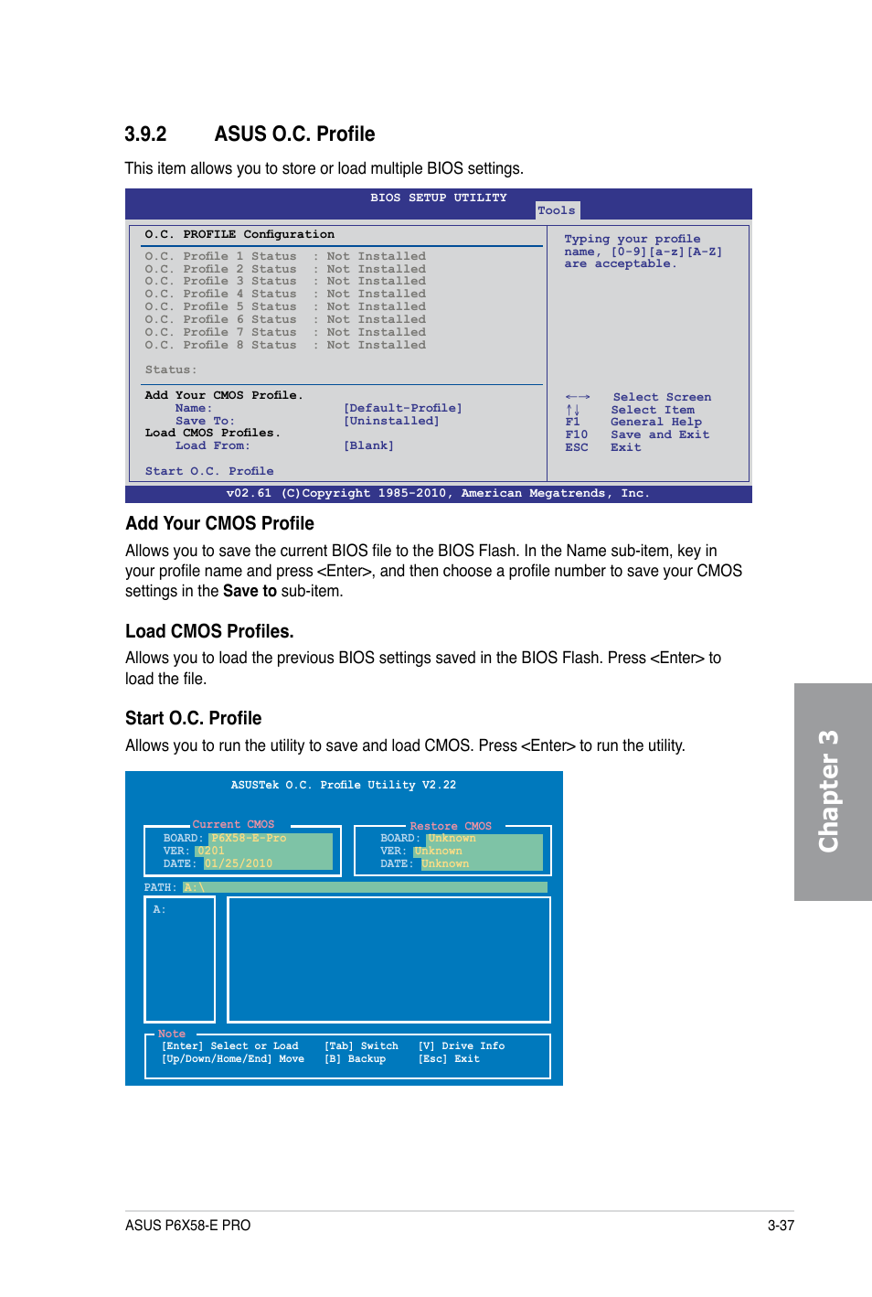 Chapter 3, 2 asus o.c. profile, Add your cmos profile | Load cmos profiles, Start o.c. profile | Asus P6X58-E PRO User Manual | Page 97 / 130