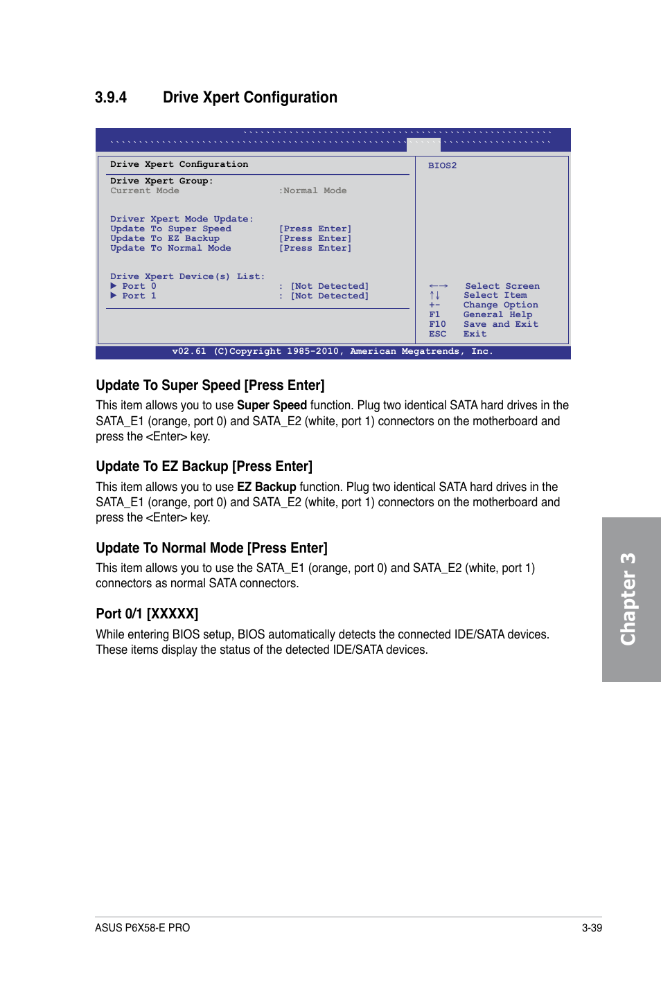 Chapter 3, 4 drive xpert configuration, Update to super speed [press enter | Update to ez backup [press enter, Update to normal mode [press enter | Asus P6X58-E PRO User Manual | Page 99 / 130