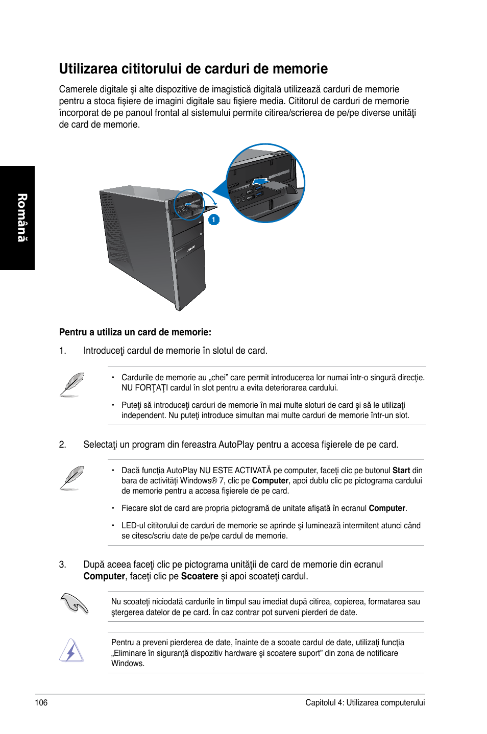 Utilizarea cititorului de carduri de memorie, Română | Asus CG8265 User Manual | Page 106 / 210