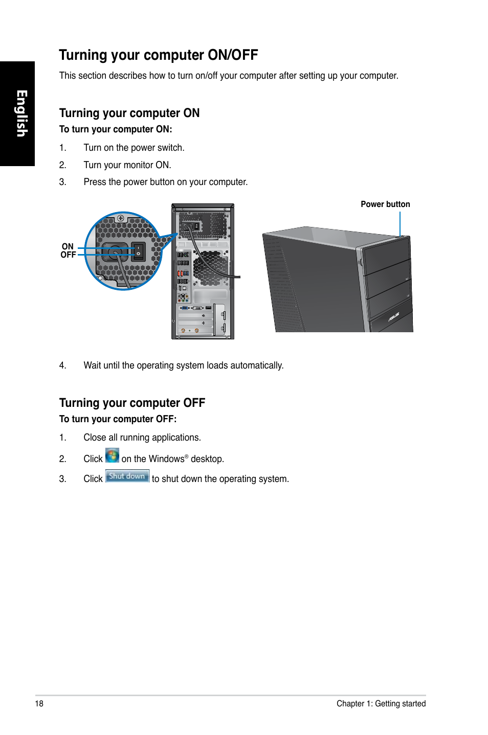 Turning your computer on/off, English, English turning your computer on/off | Turning your computer on, Turning your computer off | Asus CG8265 User Manual | Page 18 / 210