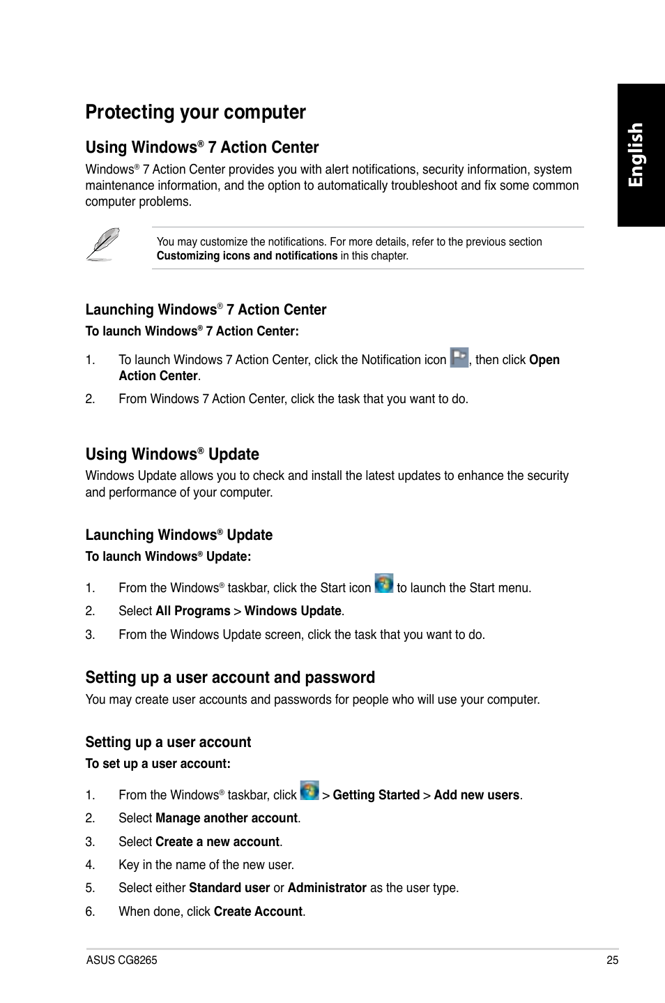 Protecting your computer, English, English protecting your computer | Using windows, 7 action center, Update, Setting up a user account and password | Asus CG8265 User Manual | Page 25 / 210