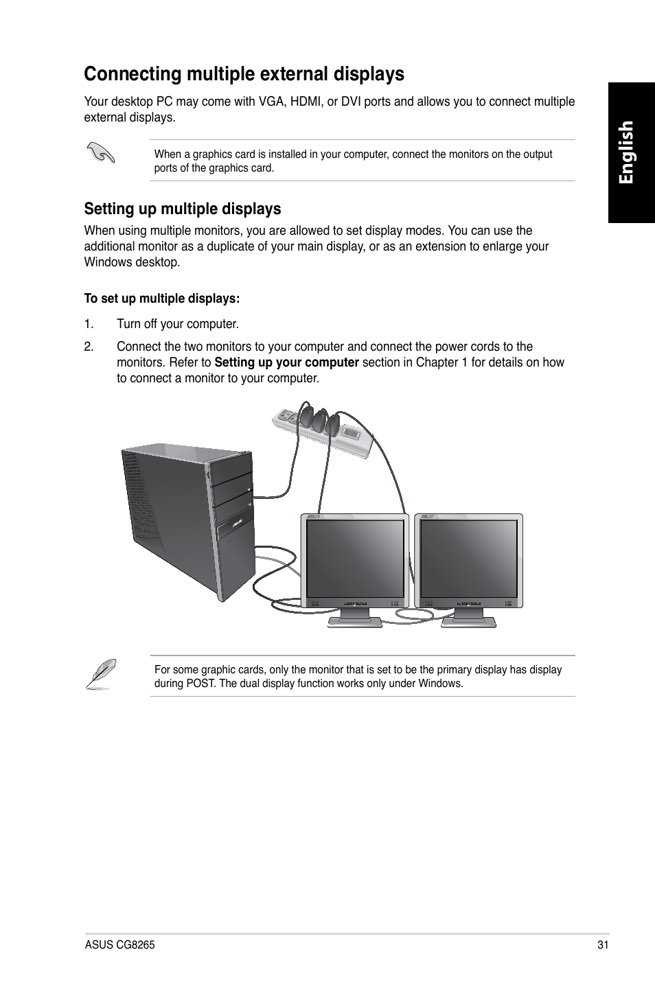 Connecting multiple external displays, English, English connecting multiple external displays | Setting up multiple displays | Asus CG8265 User Manual | Page 31 / 210