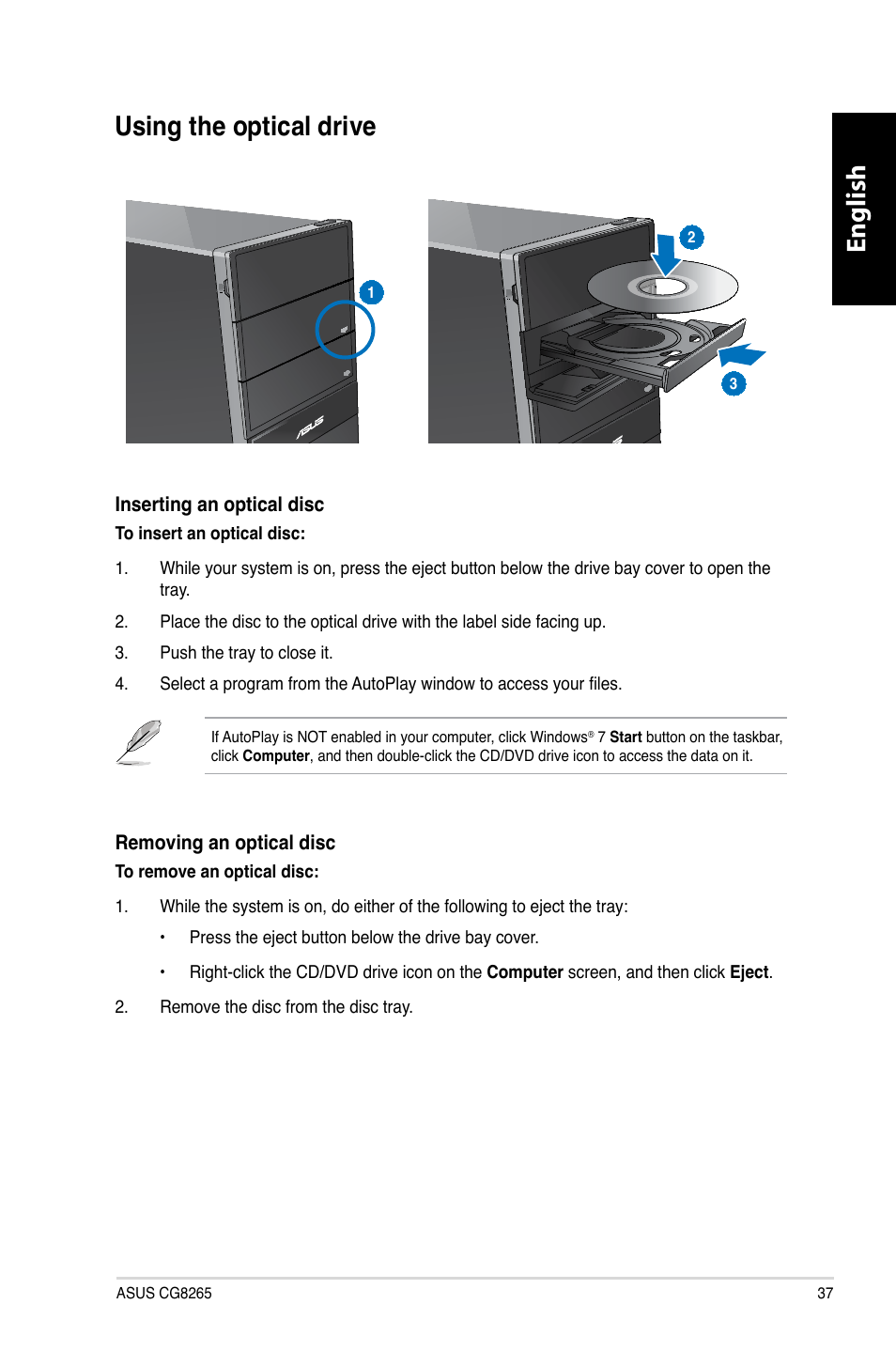 Using the optical drive, English, English using the optical drive | Asus CG8265 User Manual | Page 37 / 210