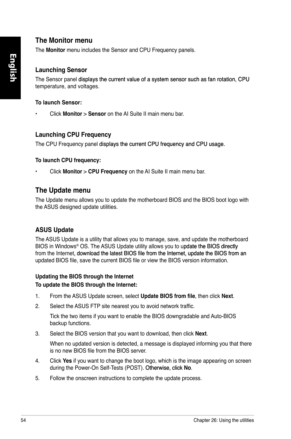 English, The monitor menu, The update menu | Asus CG8265 User Manual | Page 54 / 210