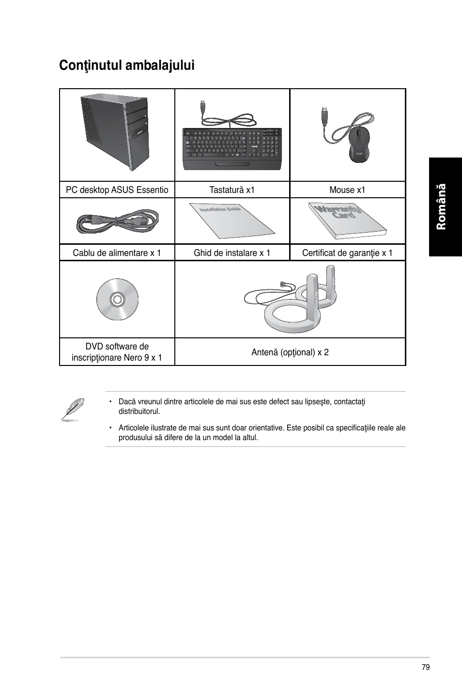 Conţinutul ambalajului, Română | Asus CG8265 User Manual | Page 79 / 210