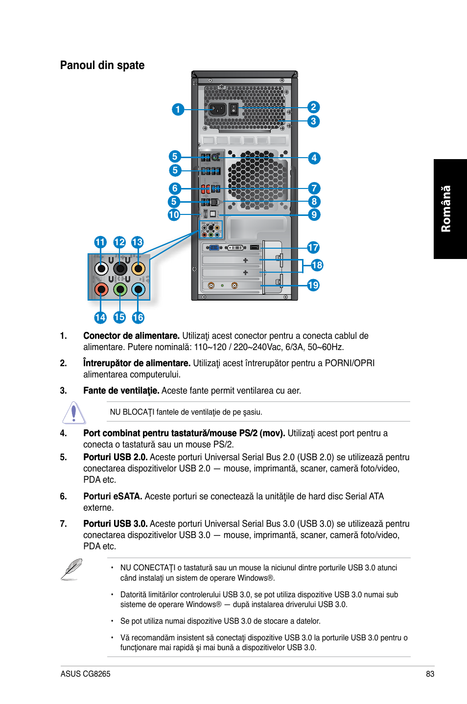 Română, Panoul din spate | Asus CG8265 User Manual | Page 83 / 210