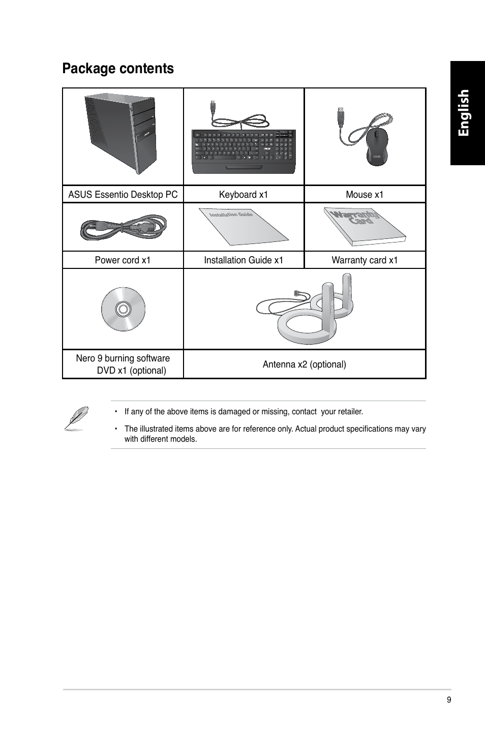 Package contents, English, English package contents | Asus CG8265 User Manual | Page 9 / 210