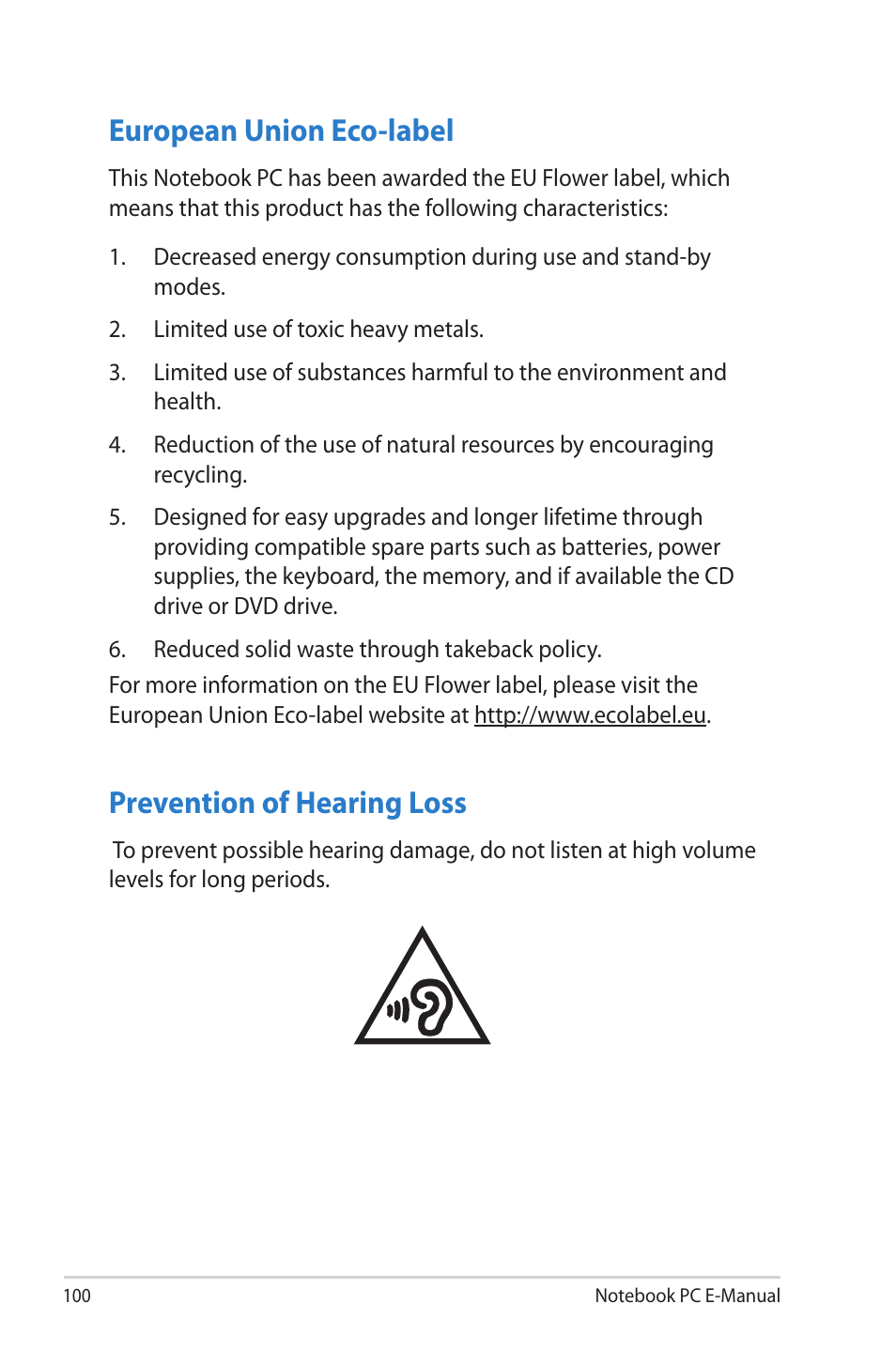 European union eco-label, Prevention of hearing loss | Asus X202E User Manual | Page 100 / 102