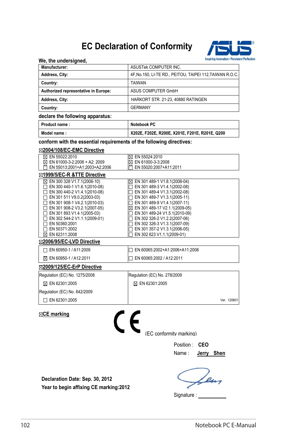 Ec declaration of conformity | Asus X202E User Manual | Page 102 / 102