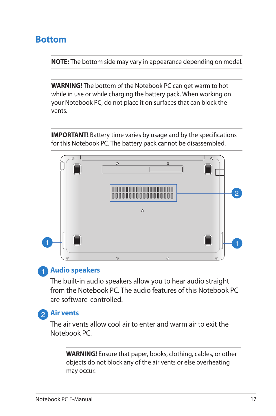 Bottom | Asus X202E User Manual | Page 17 / 102