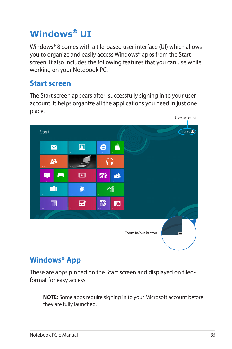 Windows® ui, Start screen, Windows® app | Windows | Asus X202E User Manual | Page 35 / 102
