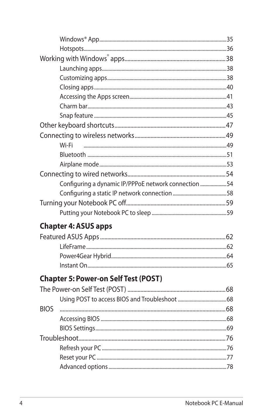 Chapter 4: asus apps, Chapter 5: power-on self test (post) | Asus X202E User Manual | Page 4 / 102